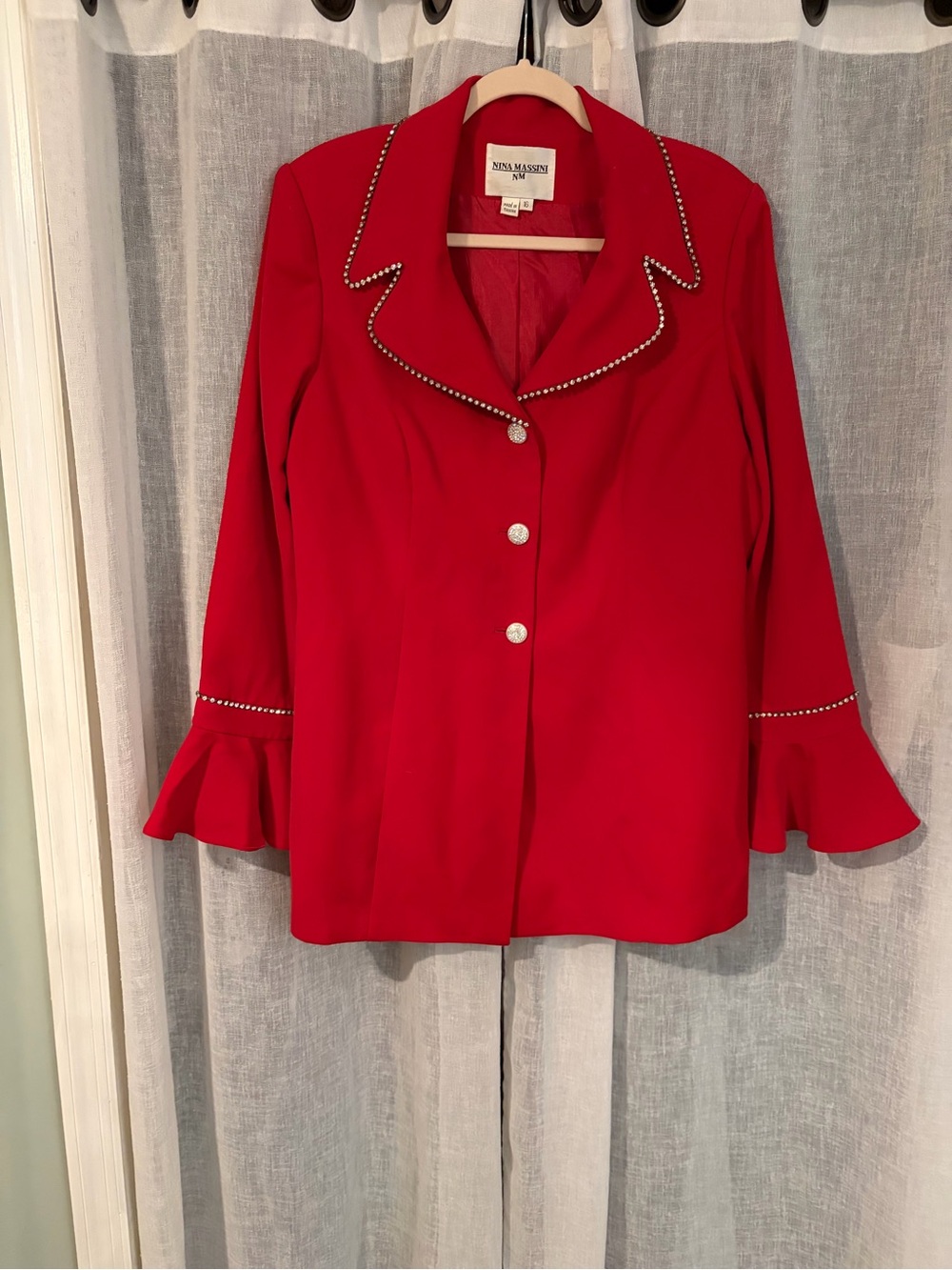 🔥Vintage Nina Massini Red Rhinestone Blazer Size 16 Bell Sleeve Statement Jacket